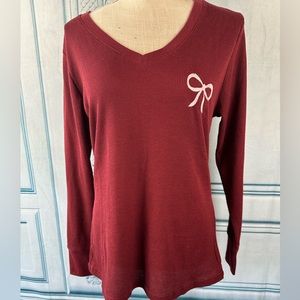 Waffle Knit Burgundy Embroidered Pink Bow Long Sleeve Women’s L